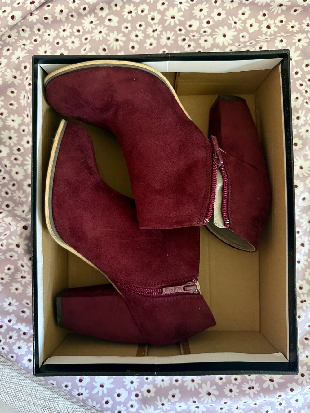 Michael Antonio Burgundy Suede Ankle Booties with Side Zip